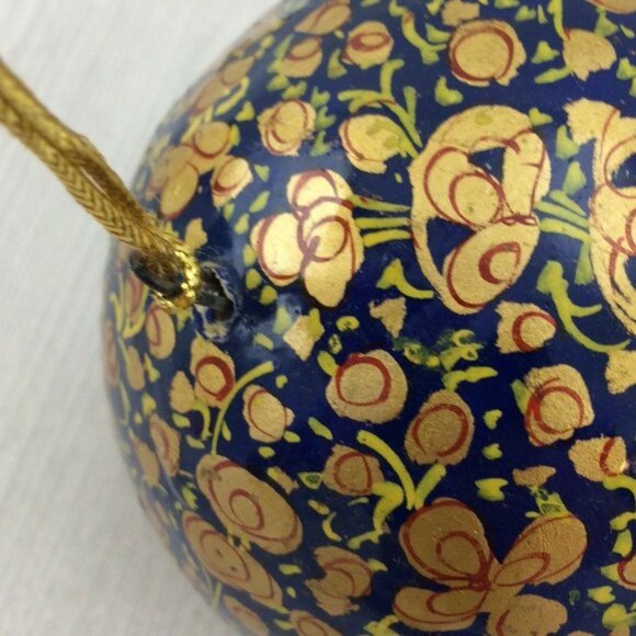 2 Blue Gold Handmade Paper Mache Christmas Balls Made in India DAMAGED - Picture 12 of 12